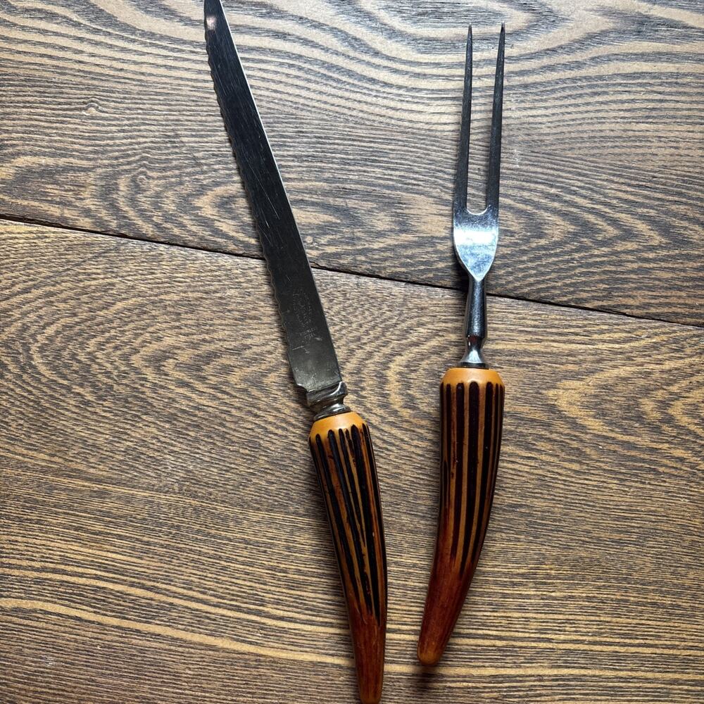 SHEFFIELD England Faux Antler Horn STAINLESS STEEL CARVING FORK KNIFE Vintage